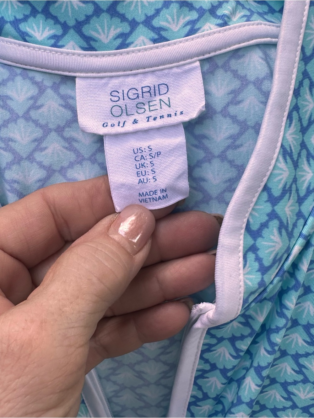 Sigrid Olsen Light Blue Sleeveless top with Geometric Print and callaway skirt - Picture 2 of 6